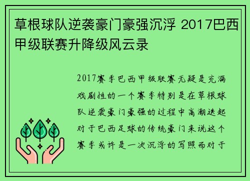 草根球队逆袭豪门豪强沉浮 2017巴西甲级联赛升降级风云录