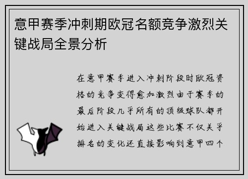 意甲赛季冲刺期欧冠名额竞争激烈关键战局全景分析