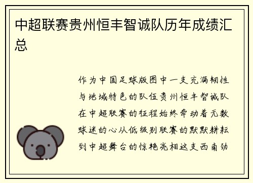 中超联赛贵州恒丰智诚队历年成绩汇总