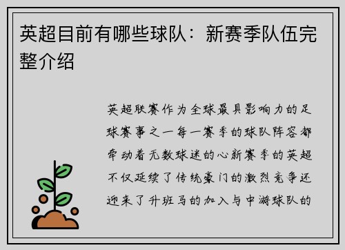 英超目前有哪些球队：新赛季队伍完整介绍