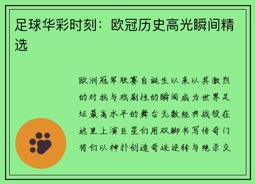 足球华彩时刻：欧冠历史高光瞬间精选