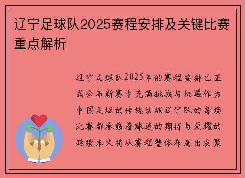 辽宁足球队2025赛程安排及关键比赛重点解析